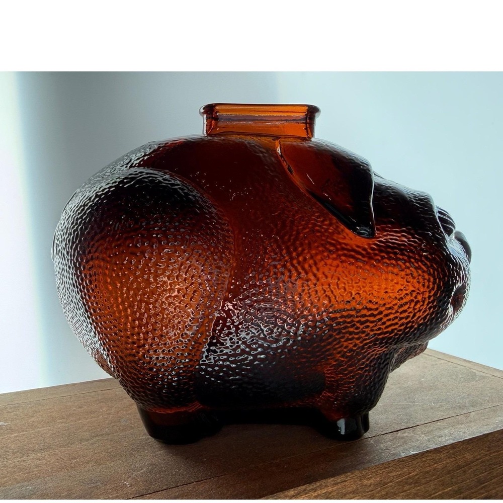 Vintage Amber Glass Piggy Bank Textured Retro 70s Pig Coin Bank Functional - Picture 4 of 6